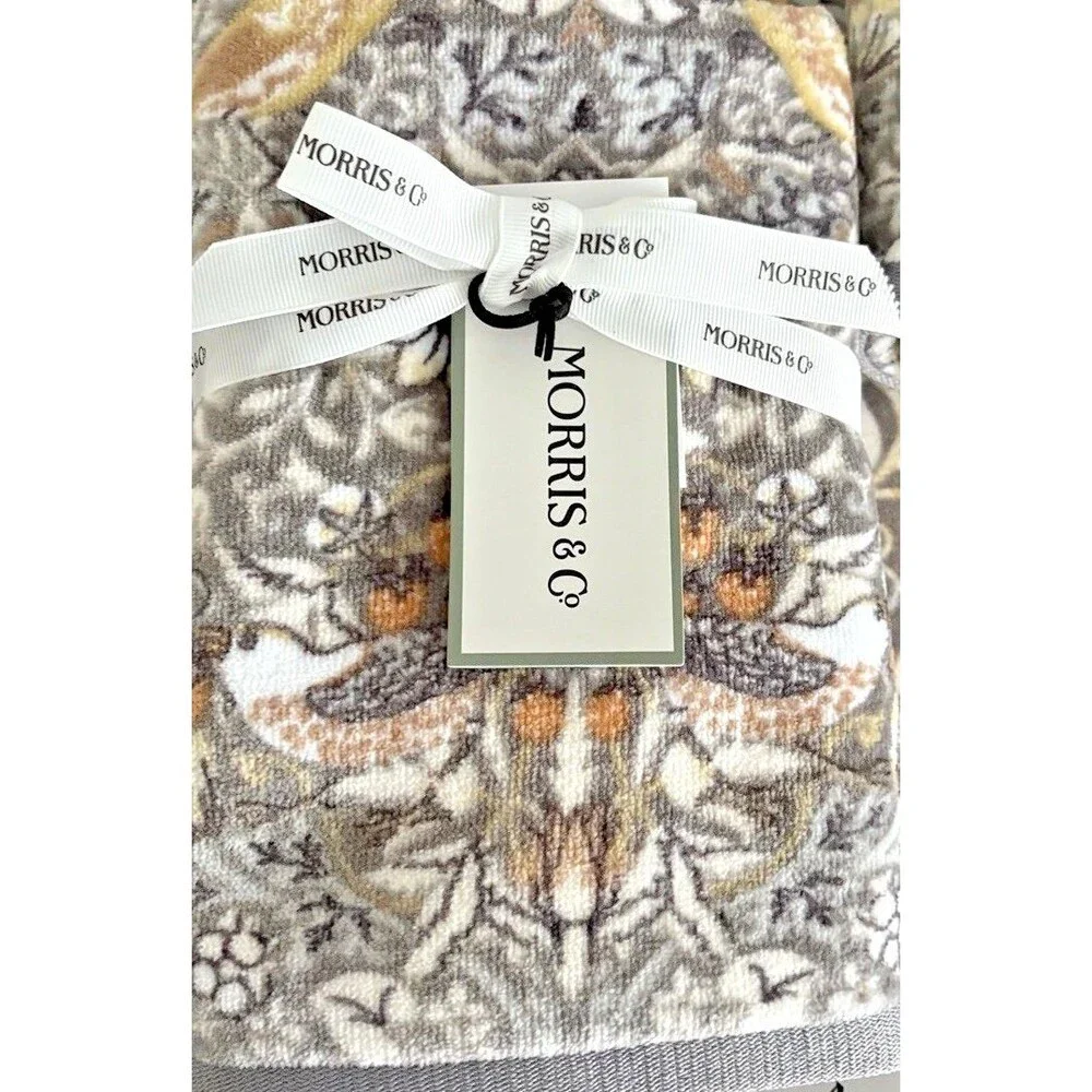 Morris & Co Strawberry Thief 2 Bath 2 Hand Towels Plush Clay Gray Set of 4